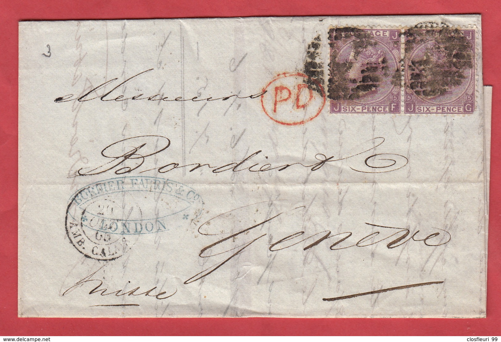 Letter PD For Mr Bordier Falris & Co London, Destination Geneva (Switzerland).  19 Oc. 1865 - Other & Unclassified