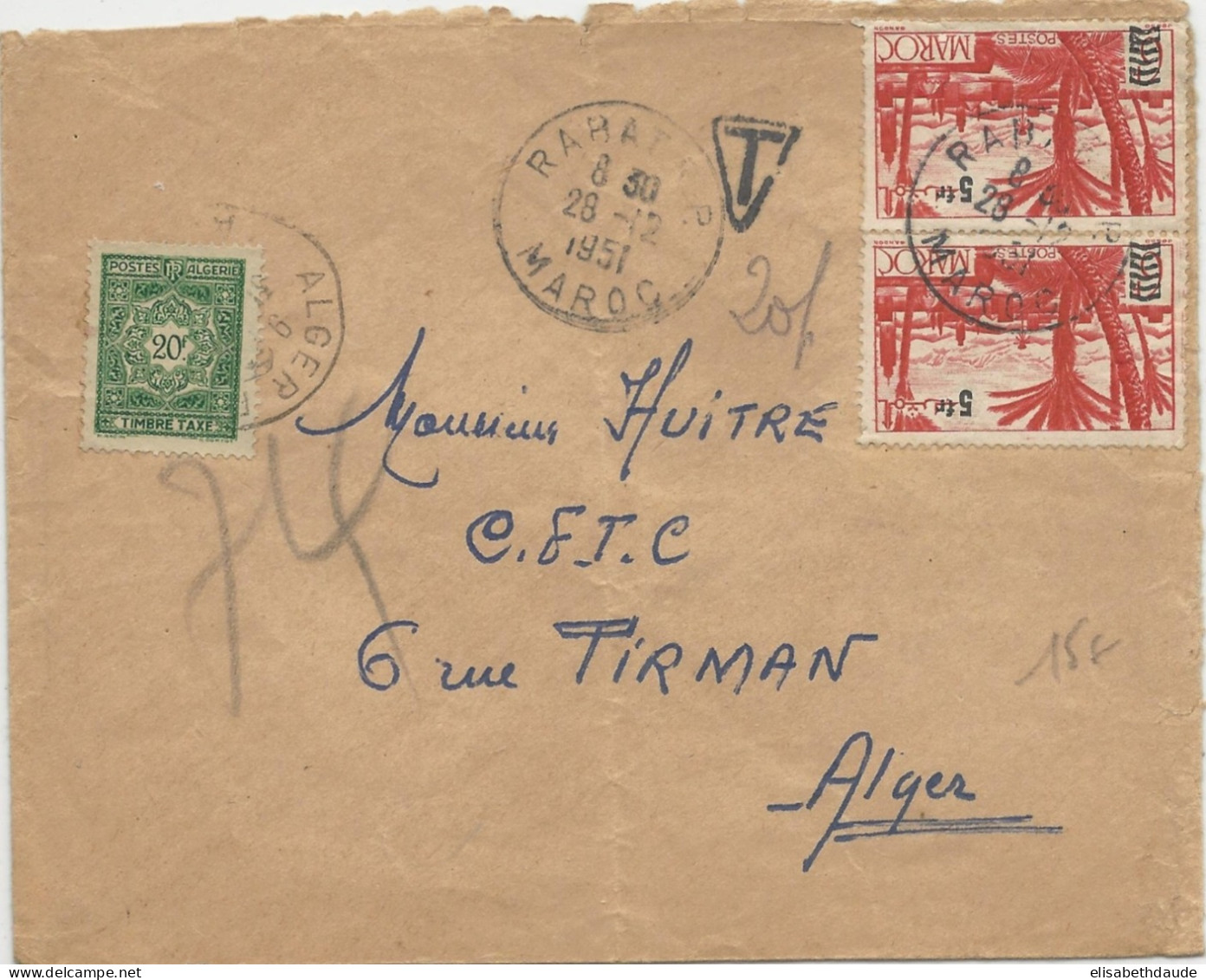 ALGERIE / MAROC - 1951 - ENVELOPPE De RABAT Pour ALGER Avec TAXE - Brieven En Documenten