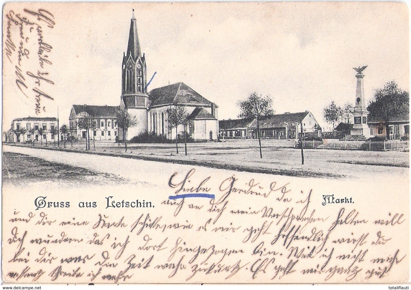 Gruss Aus LETSCHIN Oderbruch Markt Kirche Krieger Denkmal 23.2.1905 Ankunftstempel - Letschin