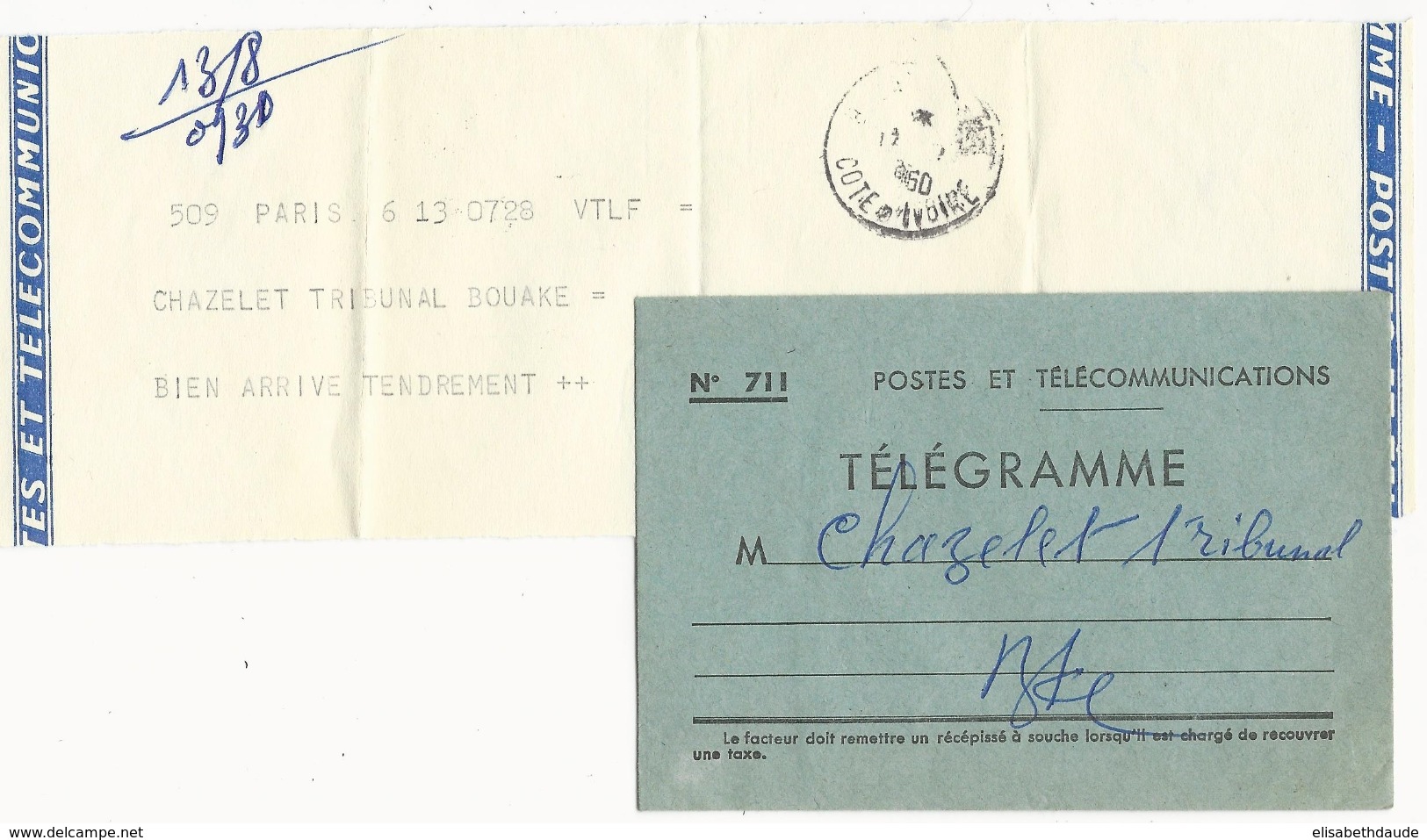 COTE D'IVOIRE - 1960 - ENVELOPPE + TELEGRAMME De PARIS Pour BOUAKE - Brieven En Documenten