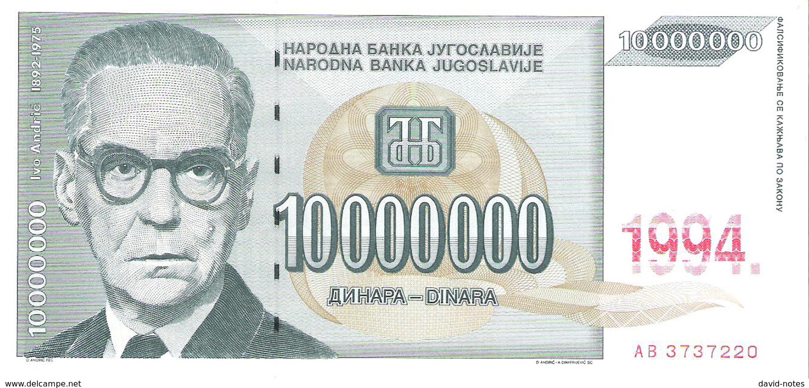 Yugoslavia - Pick 144 - 10.000.000 Dinara 1994 - Unc - Jugoslavia