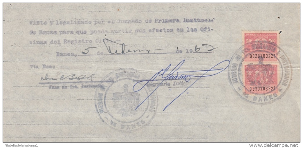 REP-167 CUBA REPUBLICA REVENUE (LG-1153) 25-50c JUBILACION NOTARIAL 1954 COMPLETE DOC DATED 1962 - Portomarken