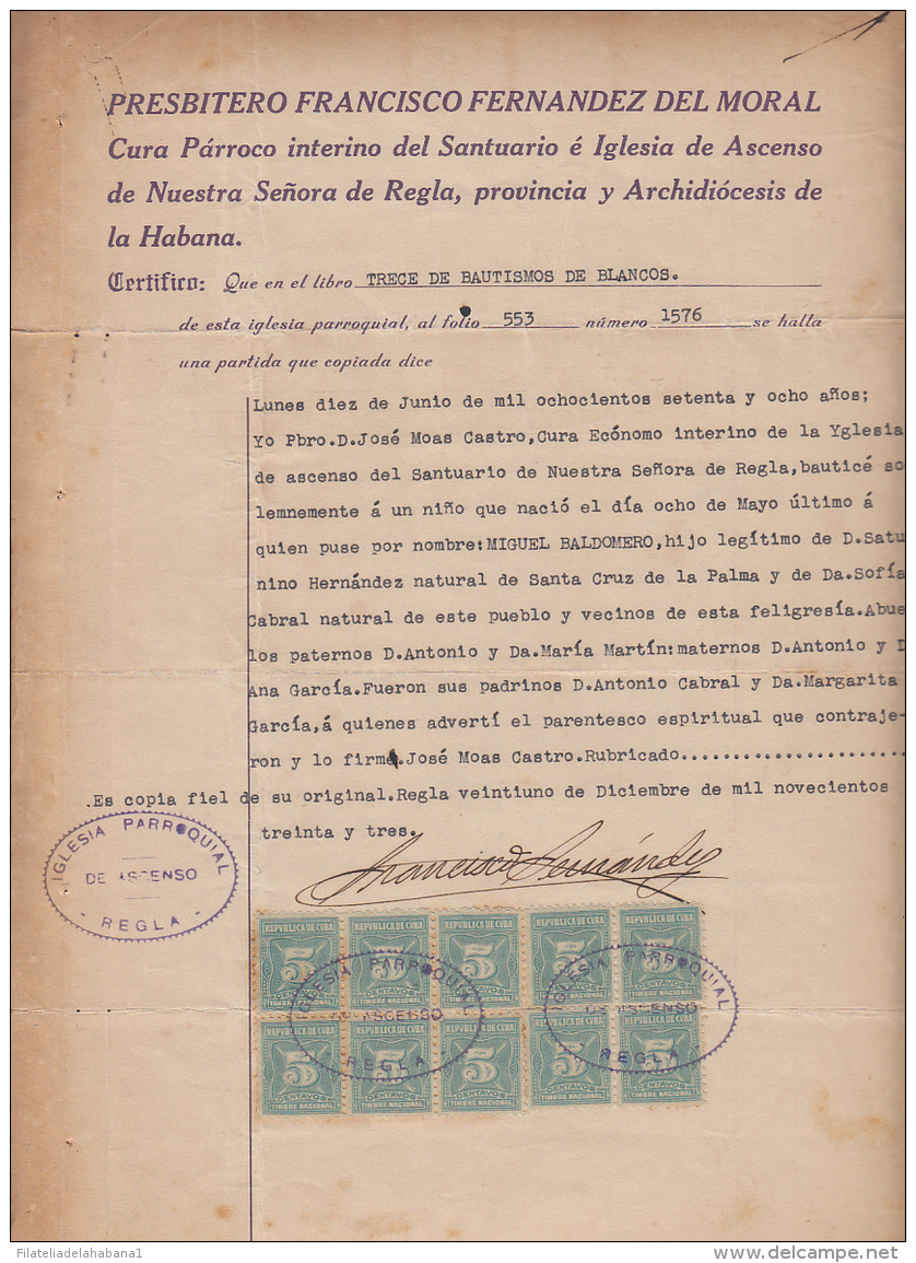 REP-170 CUBA REPUBLICA REVENUE (LG-1156) 5c (10) GREY GREEN TIMBRE NACIONAL 1932 PERF COMPLETE DOC DATED 1936. - Timbres-taxe