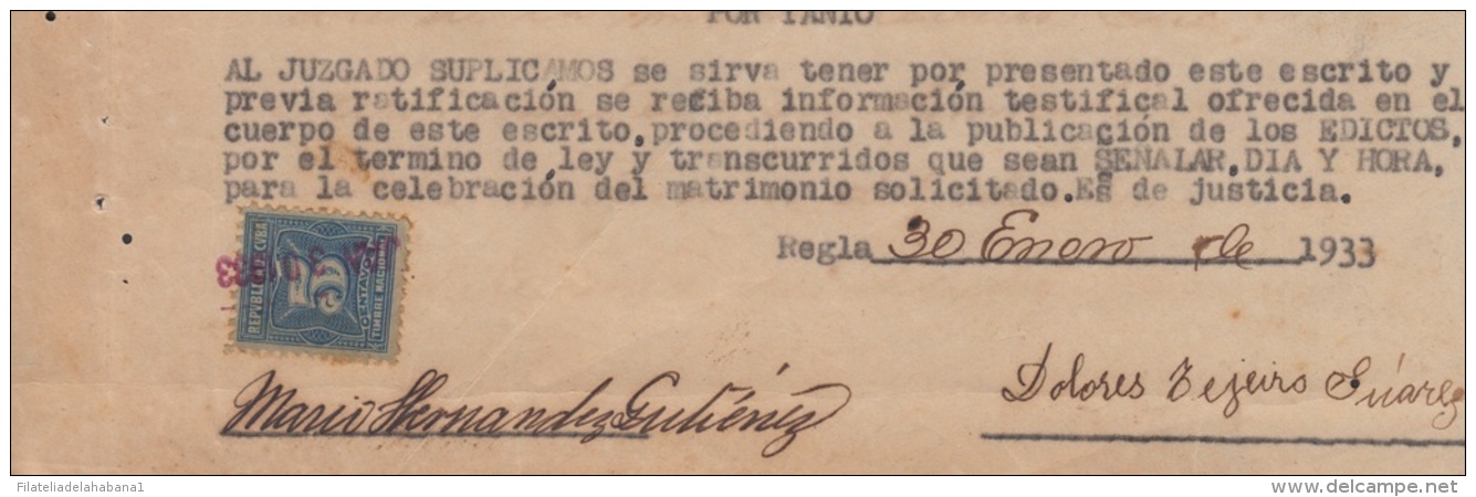 REP-172 CUBA REPUBLICA REVENUE (LG-1157) 5c DARK BLUE TIMBRE NACIONAL 1919 PERF COMPLETE DOC DATED 1933. - Timbres-taxe