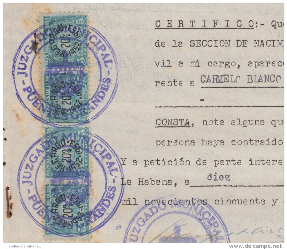 REP-175 CUBA REPUBLICA REVENUE (LG-1160) 10c PALACIO DE JUSTICIA 1952 + 5c TIMBRE NACIONAL. JUSTICE PALACE COMPLETE DOC - Timbres-taxe