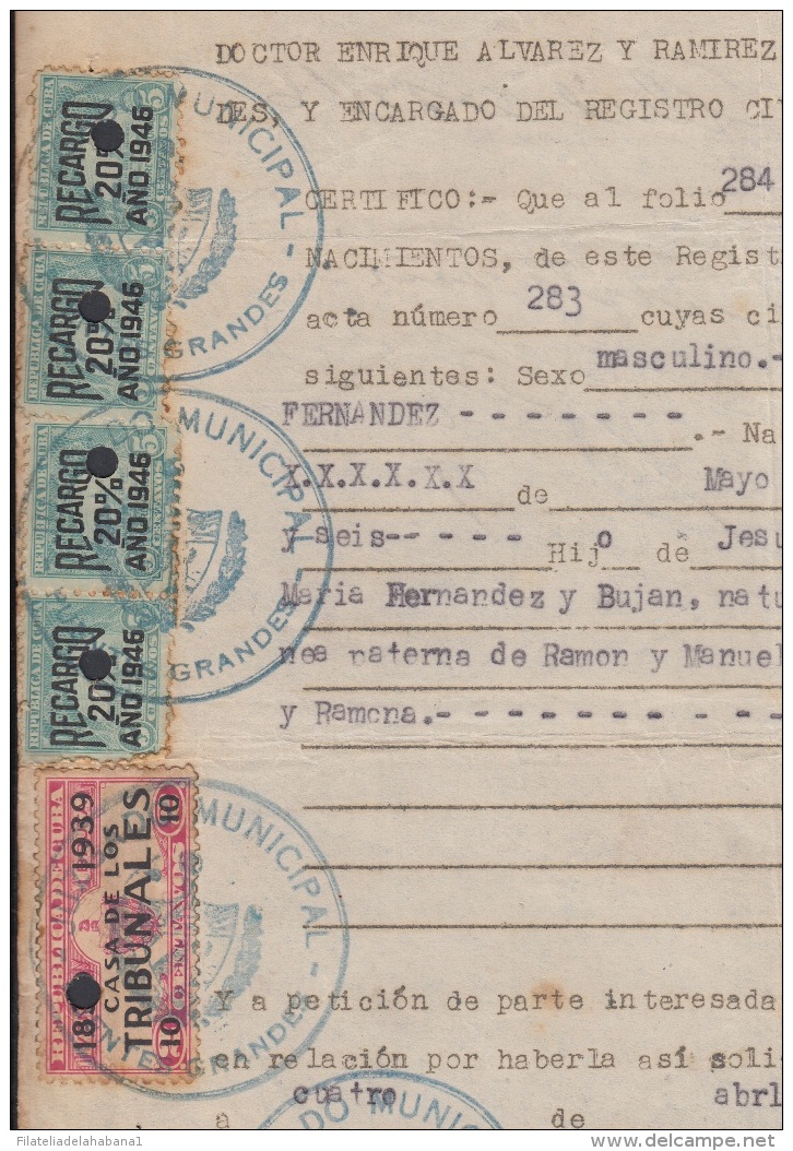 REP-177 CUBA REPUBLICA REVENUE (LG-1162) 5c (4) TIMBRE NACIONAL 1946 + CASA DE TRIBUNALES 1939. COMPLETE DOC - Timbres-taxe