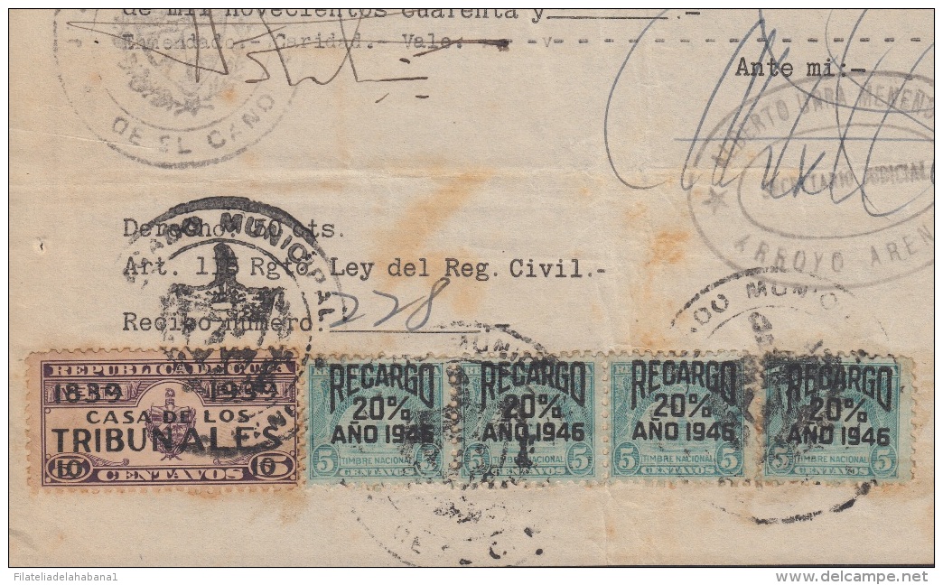 REP-178 CUBA REPUBLICA REVENUE (LG-1163) 5c (4) TIMBRE NACIONAL 1945 + CASA DE TRIBUNALES 1939. COMPLETE DOC - Portomarken