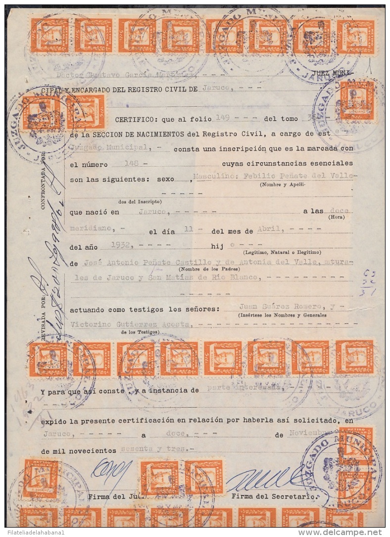 REP-179 CUBA REPUBLICA REVENUE (LG-1164) 5c (59 STAMPS) RETIRO ESCOLAR 1958 COMPLETE DOC DATED 1962. - Portomarken