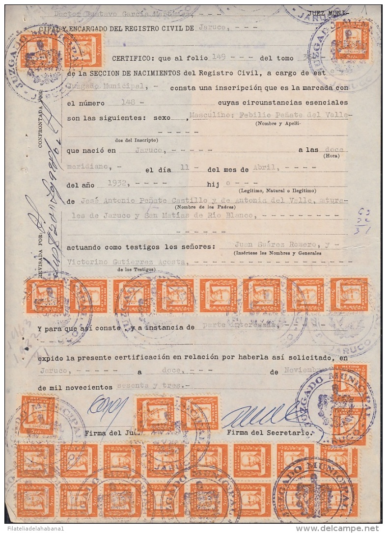 REP-179 CUBA REPUBLICA REVENUE (LG-1164) 5c (59 STAMPS) RETIRO ESCOLAR 1958 COMPLETE DOC DATED 1962. - Postage Due