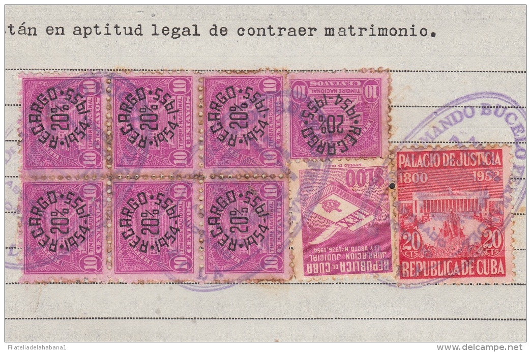 REP-180 CUBA REPUBLICA REVENUE (LG-1165) 10c (7) TIMBRE NACIONAL 1954 + PALACIO DE JUSTICIA. COMPLETE DOC - Timbres-taxe