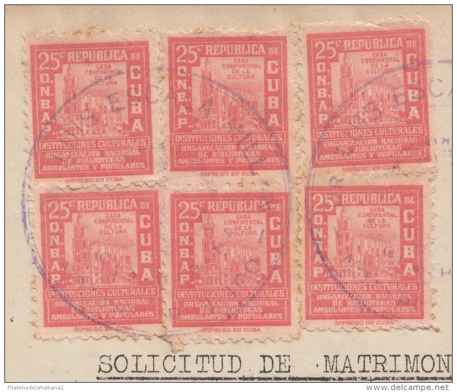 REP-183 CUBA REPUBLICA REVENUE (LG-1087) 25c (6) BIBLIOTECAS AMBULANTES 1956 COMPLETE DOC. - Strafport