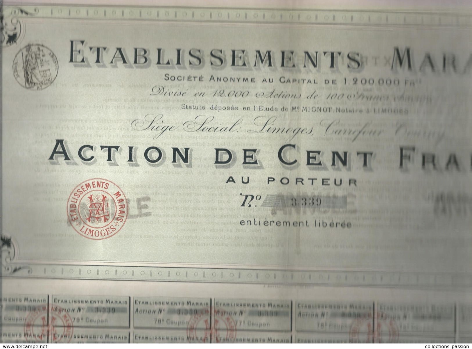 Action De Cent Francs , établissement MARAIS, Limoges, 71 Coupons/ 80 , 2 Scans , Frais Fr : 1.95&euro; - Other & Unclassified