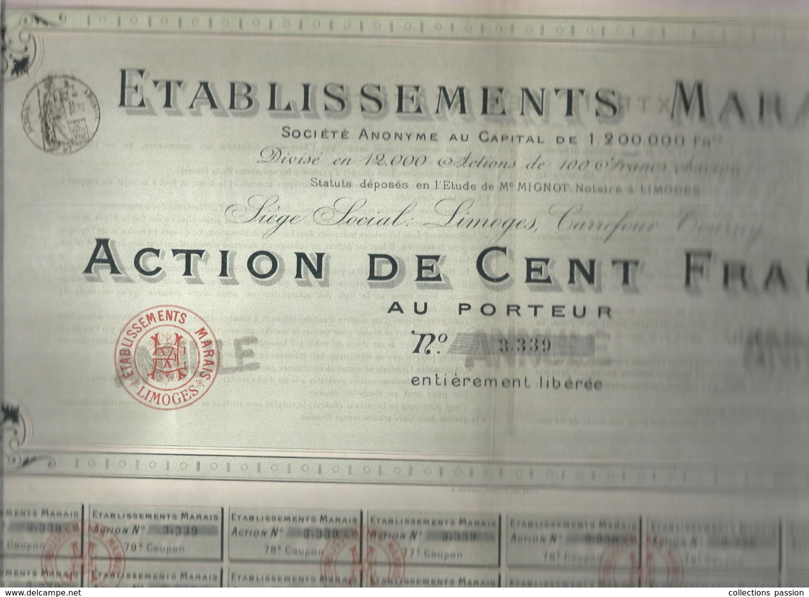 Action De Cent Francs , établissement MARAIS, Limoges, 71 Coupons/ 80 , 2 Scans , Frais Fr : 1.95&euro; - Autres & Non Classés