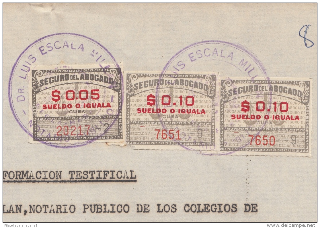 REP-184 CUBA REPUBLICA REVENUE (LG-1088) 5c + 10c SEGUROS DE ABOGADOS 1955 COMPLETE DOC DATED 1961. FIRMA HUELLAS DACTIL - Postage Due