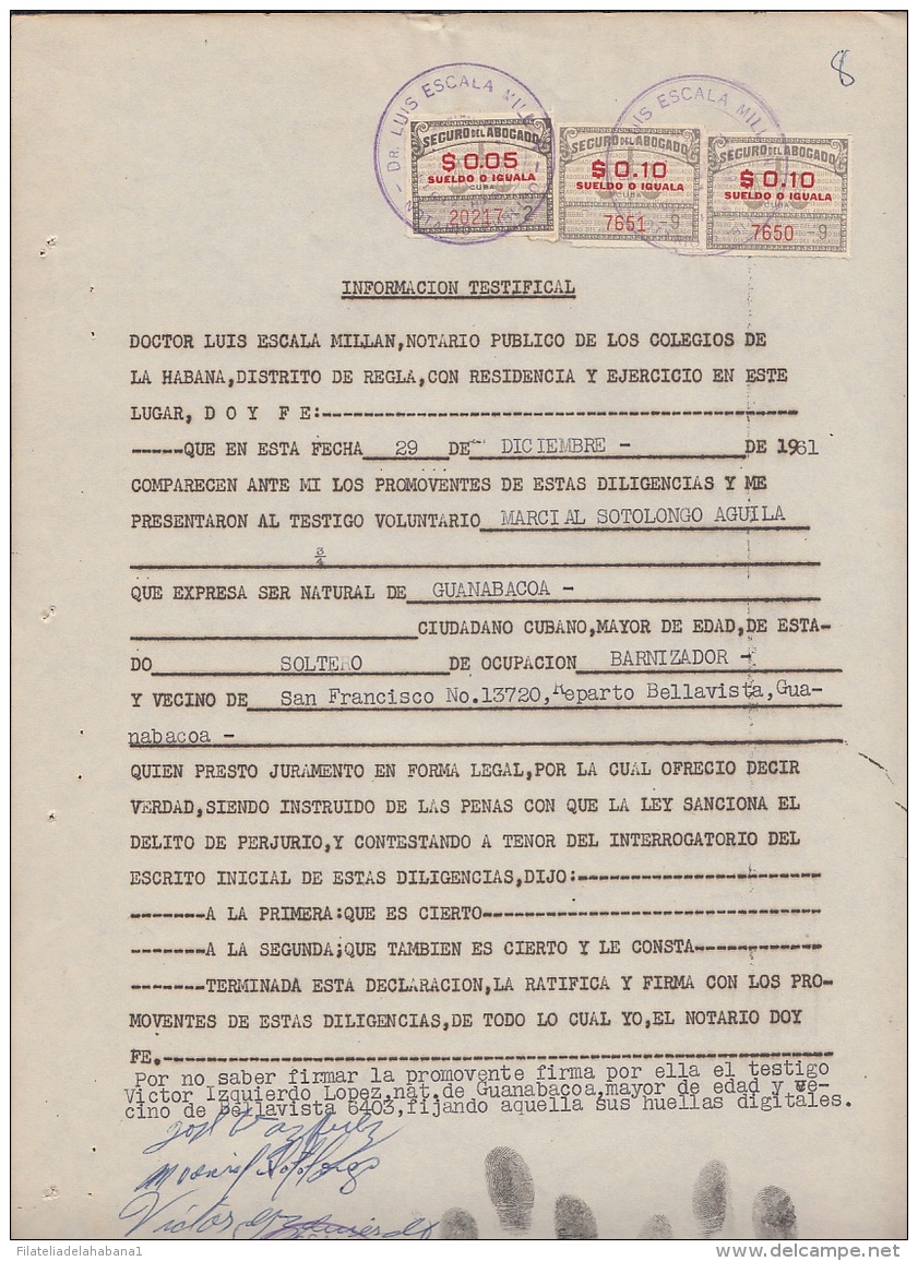 REP-184 CUBA REPUBLICA REVENUE (LG-1088) 5c + 10c SEGUROS DE ABOGADOS 1955 COMPLETE DOC DATED 1961. FIRMA HUELLAS DACTIL - Timbres-taxe