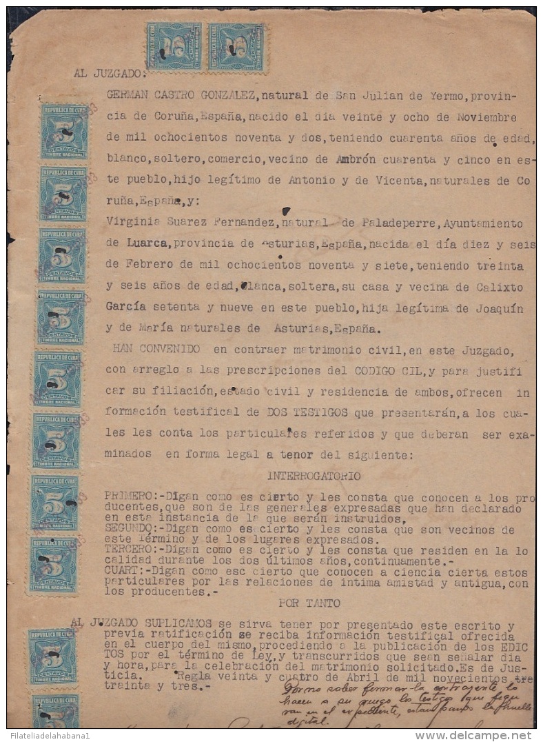 REP-185 CUBA REPUBLICA REVENUE (LG-1089) 5c (12) ULTRAMARINE TIMBRE NACIONAL 1919 PERF COMPLETE DOC DATED 1933. - Timbres-taxe