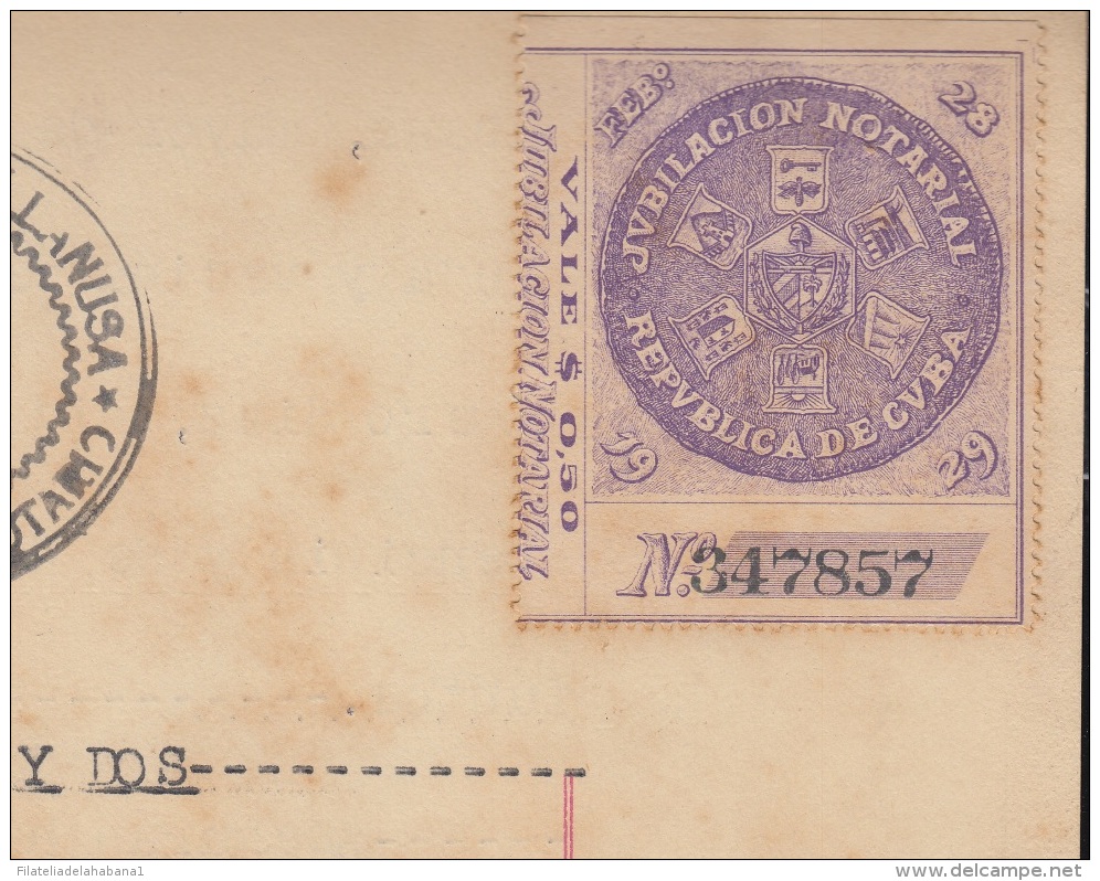 REP-186 CUBA REPUBLICA REVENUE (LG-1090) JUBILACION NOTARIAL 1929 COMPLETE DOC. - Postage Due