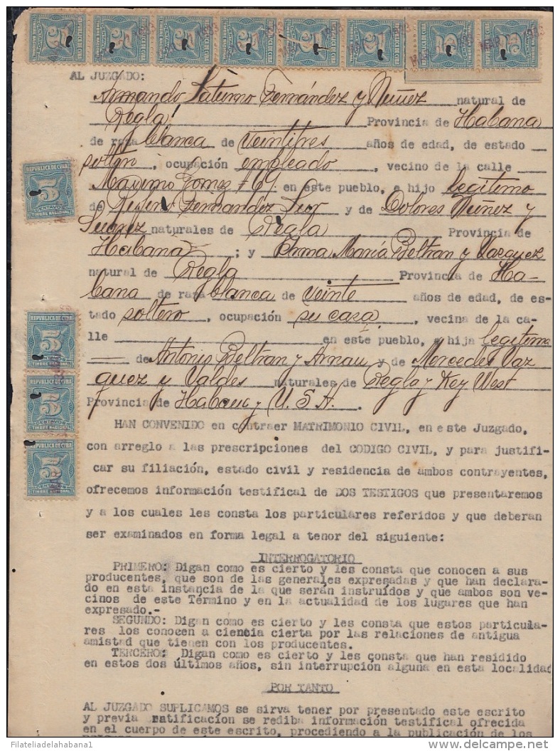 REP-187 CUBA REPUBLICA REVENUE (LG-1091) 5c (12) ULTRAMARINE TIMBRE NACIONAL 1919 PERF COMPLETE DOC DATED 1933. - Timbres-taxe