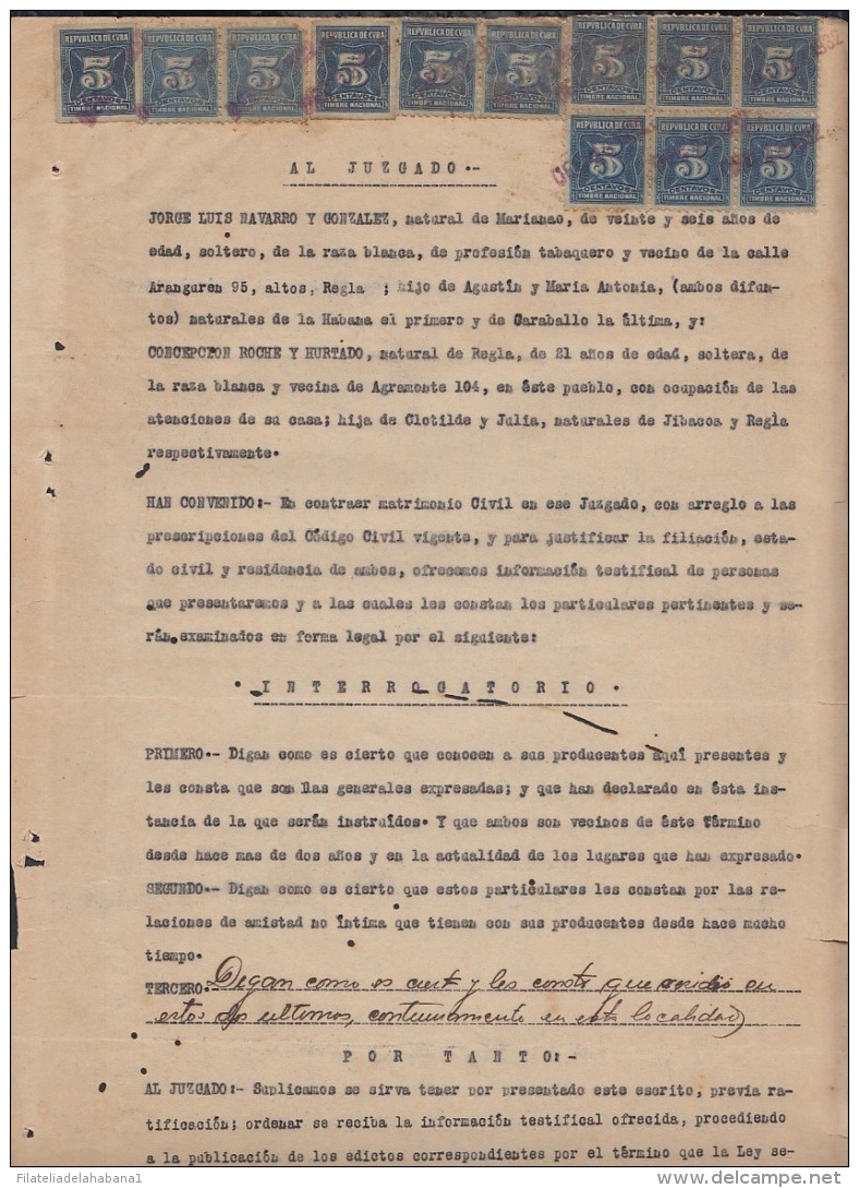 REP-191 CUBA REPUBLICA REVENUE (LG-1095) 5c (12) DARK BLUE TIMBRE NACIONAL 1924 PERF COMPLETE DOC DATED 1933. - Strafport