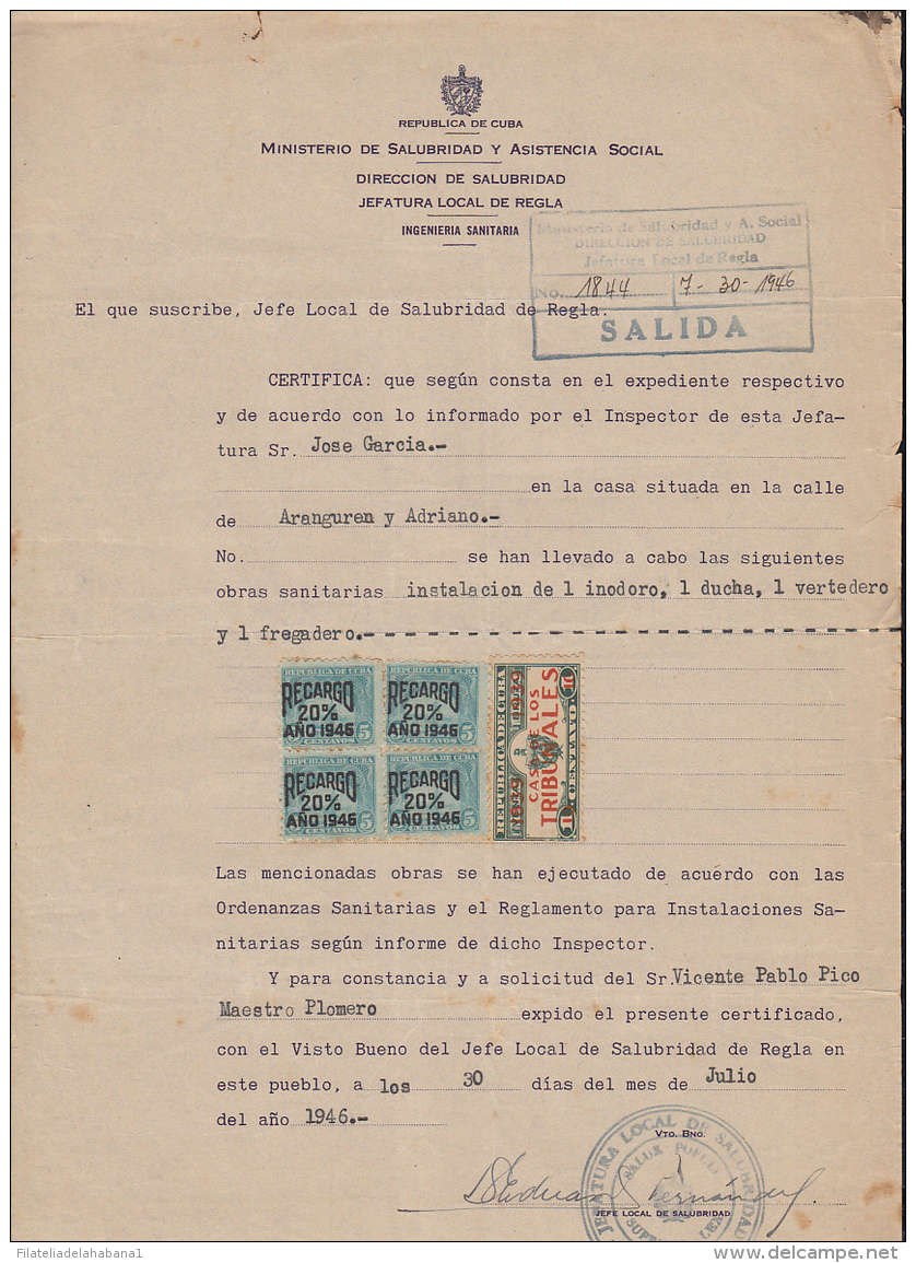 REP-192 CUBA REPUBLICA REVENUE (LG-1096) 5c (4) TIMBRE NACIONAL 1946 + CASA DE TRIBUNALES 1939. COMPLETE DOC - Strafport