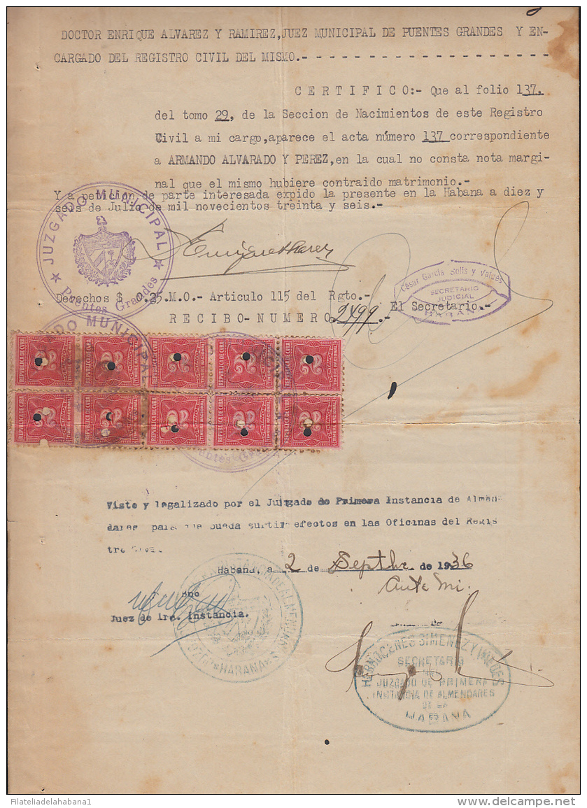 REP-194 CUBA REPUBLICA REVENUE (LG-1098) 2c (10) VERMELLON ROJO TIMBRE NACIONAL 1932 PERF COMPLETE DOC DATED 1933. - Timbres-taxe