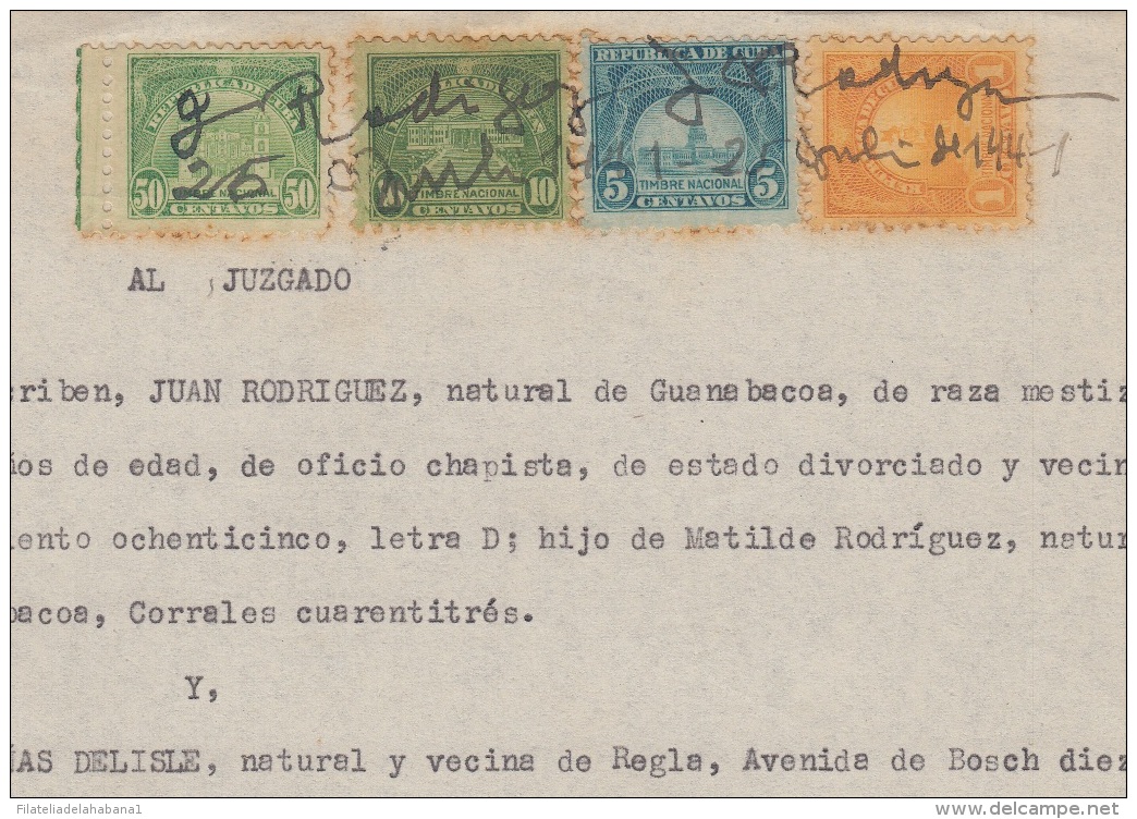 REP-195 CUBA REPUBLICA REVENUE (LG-1099) 1+ 5 + 10 + 50c TIMBRE NACIONAL 1937 PERF COMPLETE DOC DATED 1941. - Postage Due