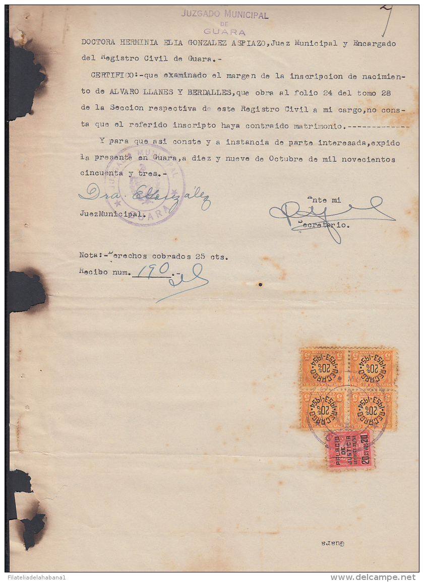 REP-199 CUBA REPUBLICA REVENUE (LG-1103) 20c PALACIO DE JUSTICIA 1952 + 5c (4) TIMBRE NACIONAL 1953. JUSTICE PALACE COMP - Portomarken