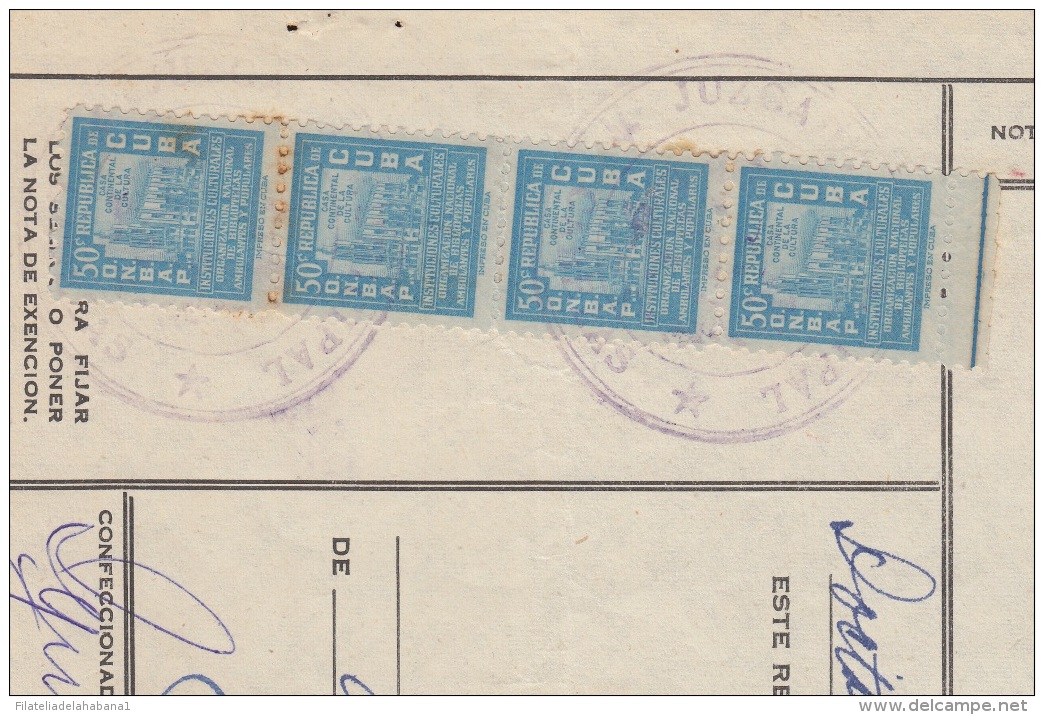 REP-200 CUBA REPUBLICA REVENUE (LG-1104) 50c (4) BIBLIOTECAS AMBULANTES 1956 COMPLETE DOC DATED 1965. - Timbres-taxe