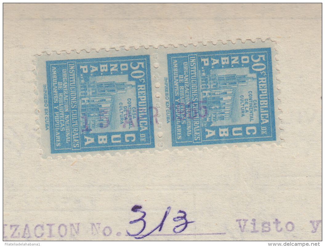 REP-200 CUBA REPUBLICA REVENUE (LG-1104) 50c (4) BIBLIOTECAS AMBULANTES 1956 COMPLETE DOC DATED 1965. - Timbres-taxe