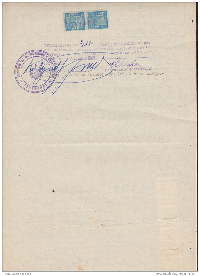 REP-200 CUBA REPUBLICA REVENUE (LG-1104) 50c (4) BIBLIOTECAS AMBULANTES 1956 COMPLETE DOC DATED 1965. - Postage Due