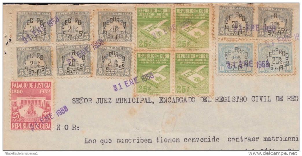 REP-201 CUBA REPUBLICA REVENUE (LG-1105) 5c (8) + 10c TIMBRE NACIONAL 1957 + 25c (4)  JUBILACION NOTARIAL + PALACIO DE J - Strafport