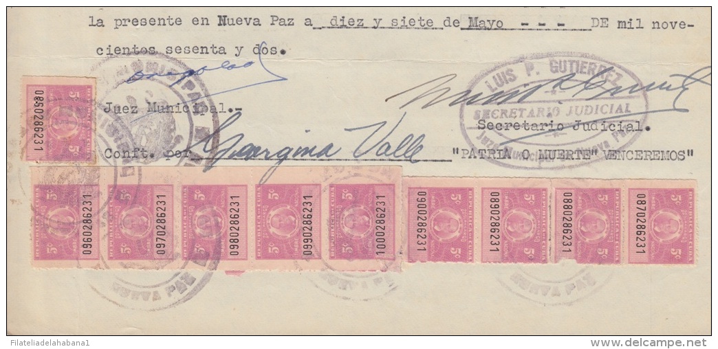 REP-202 CUBA REPUBLICA REVENUE (LG-1106) 5c (10) TIMBRE NACIONAL 1958 + 50c (3)  JUBILACION NOTARIAL 1954 COMPLETE DOC D - Portomarken