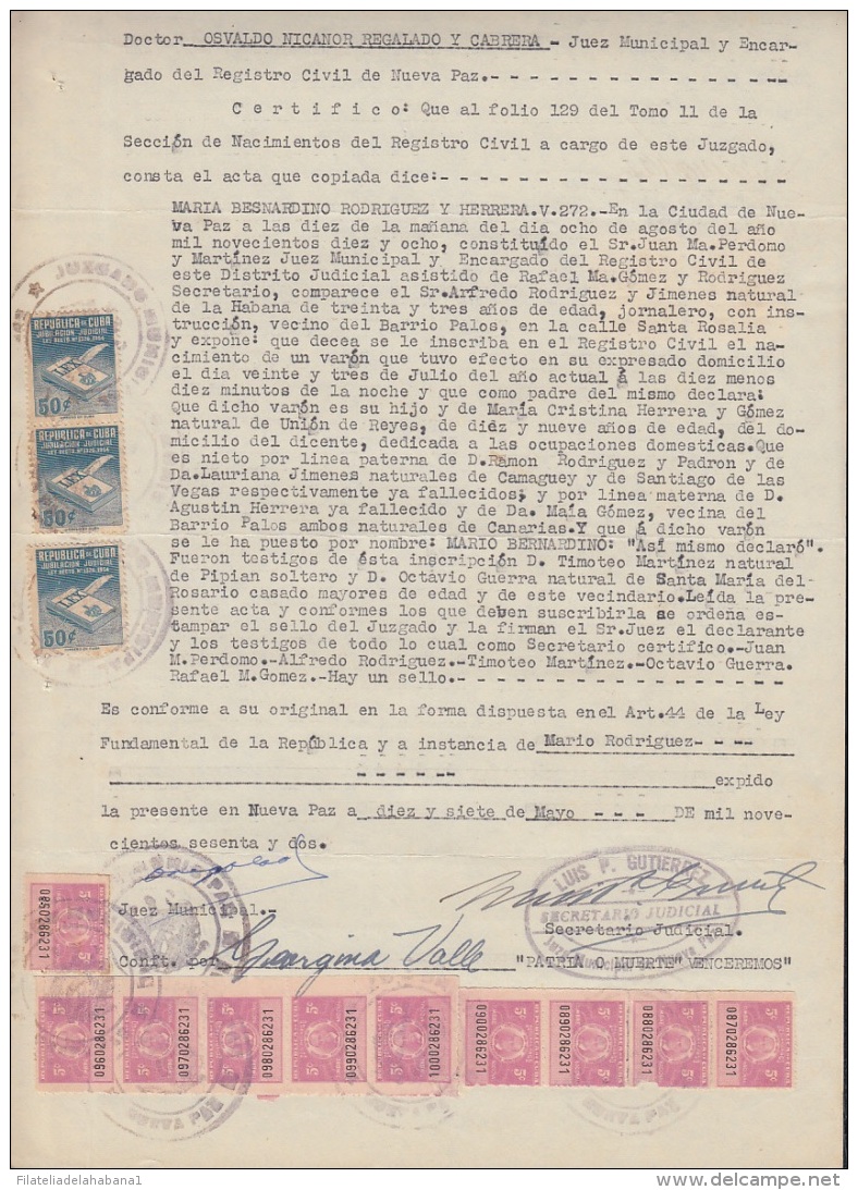 REP-202 CUBA REPUBLICA REVENUE (LG-1106) 5c (10) TIMBRE NACIONAL 1958 + 50c (3)  JUBILACION NOTARIAL 1954 COMPLETE DOC D - Postage Due