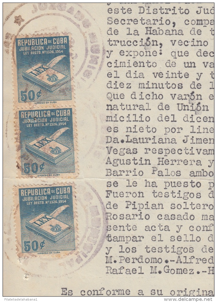 REP-202 CUBA REPUBLICA REVENUE (LG-1106) 5c (10) TIMBRE NACIONAL 1958 + 50c (3)  JUBILACION NOTARIAL 1954 COMPLETE DOC D - Timbres-taxe
