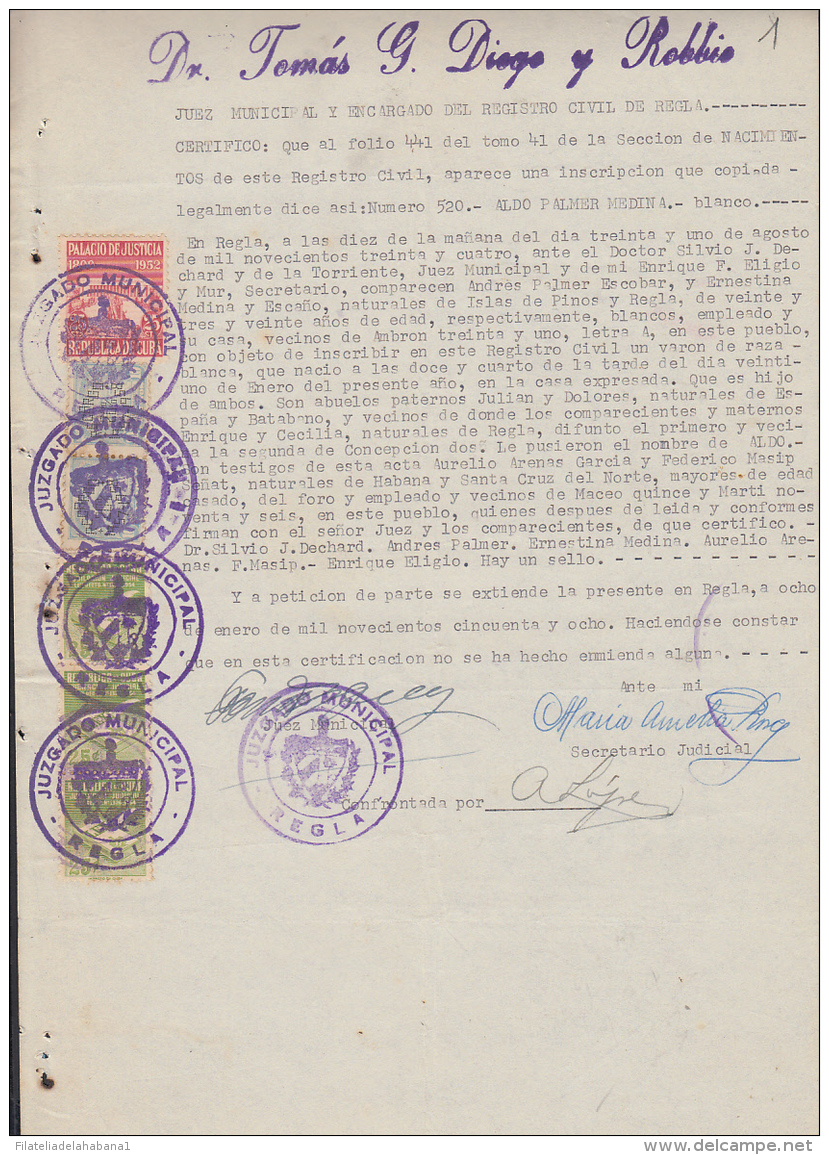 REP-203 CUBA REPUBLICA REVENUE (LG-1107) 10c (2) TIMBRE NACIONAL 1953 + 25c (3)  JUBILACION NOTARIAL 1954 COMPLETE DOC D - Strafport
