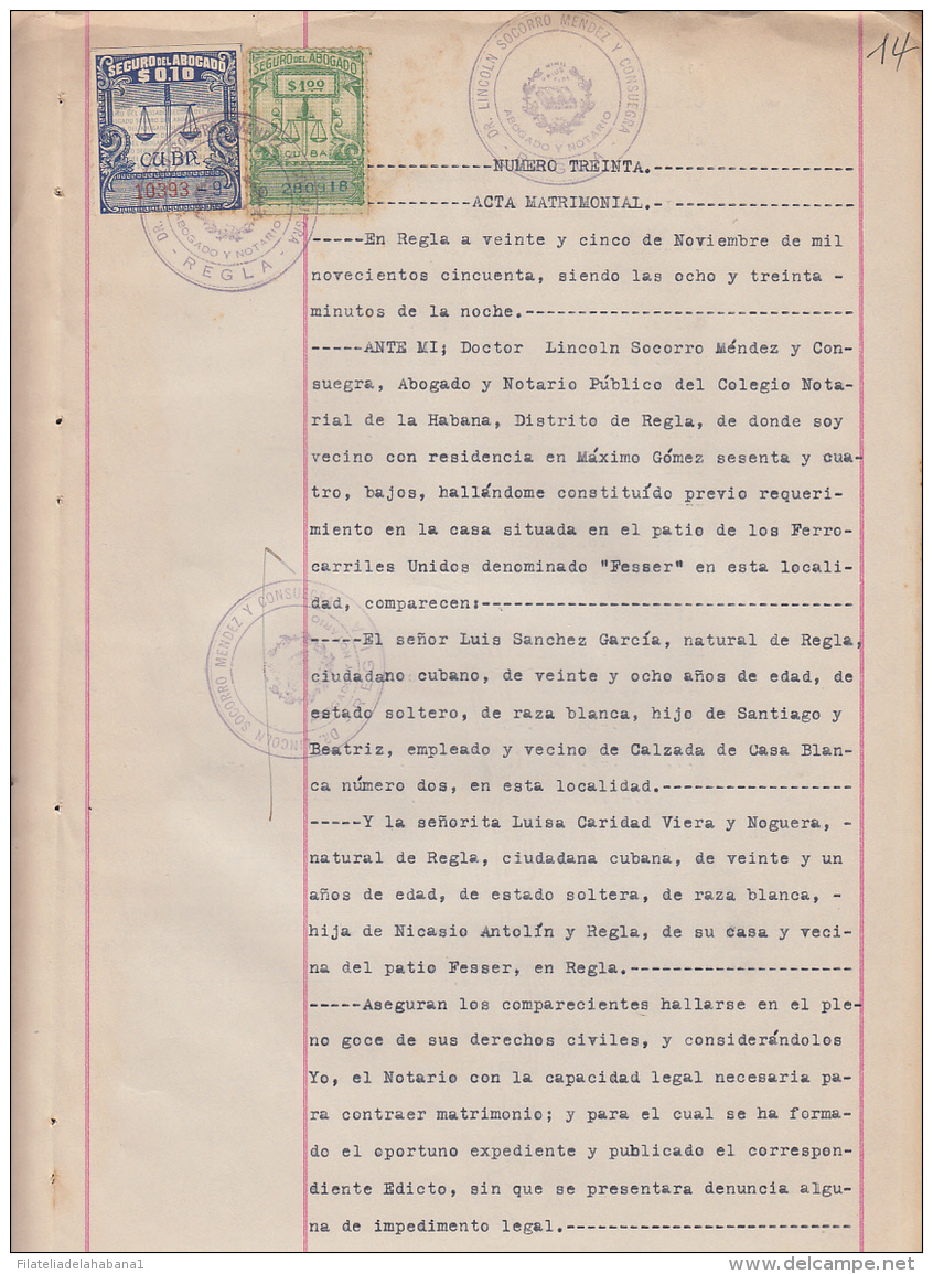 REP-204 CUBA REPUBLICA REVENUE (LG-1108) SEGURO ABOGADOS 1940 + 1$ SEGURO ABOGADOS 1948. COMPLETE DOC  DATED 1950. - Postage Due