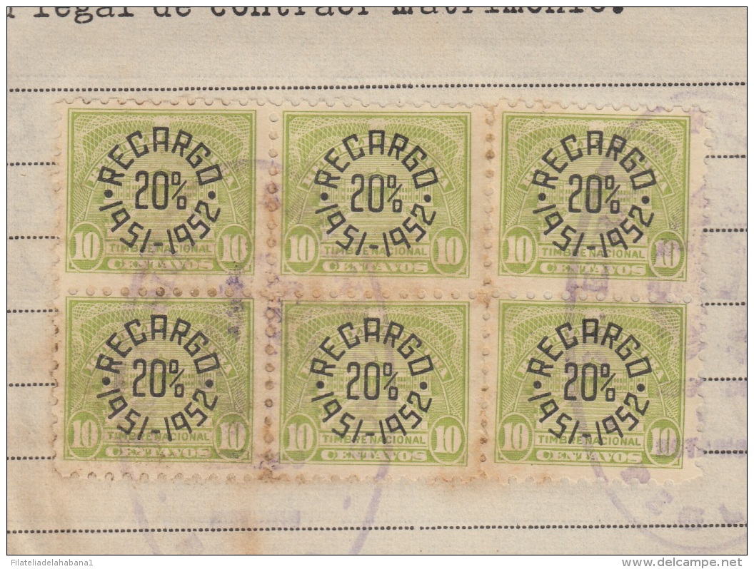 REP-205 CUBA REPUBLICA REVENUE (LG-1109) 10c (6) TIMBRE NACIONAL 1951 COMPLETE DOC DATED. - Timbres-taxe