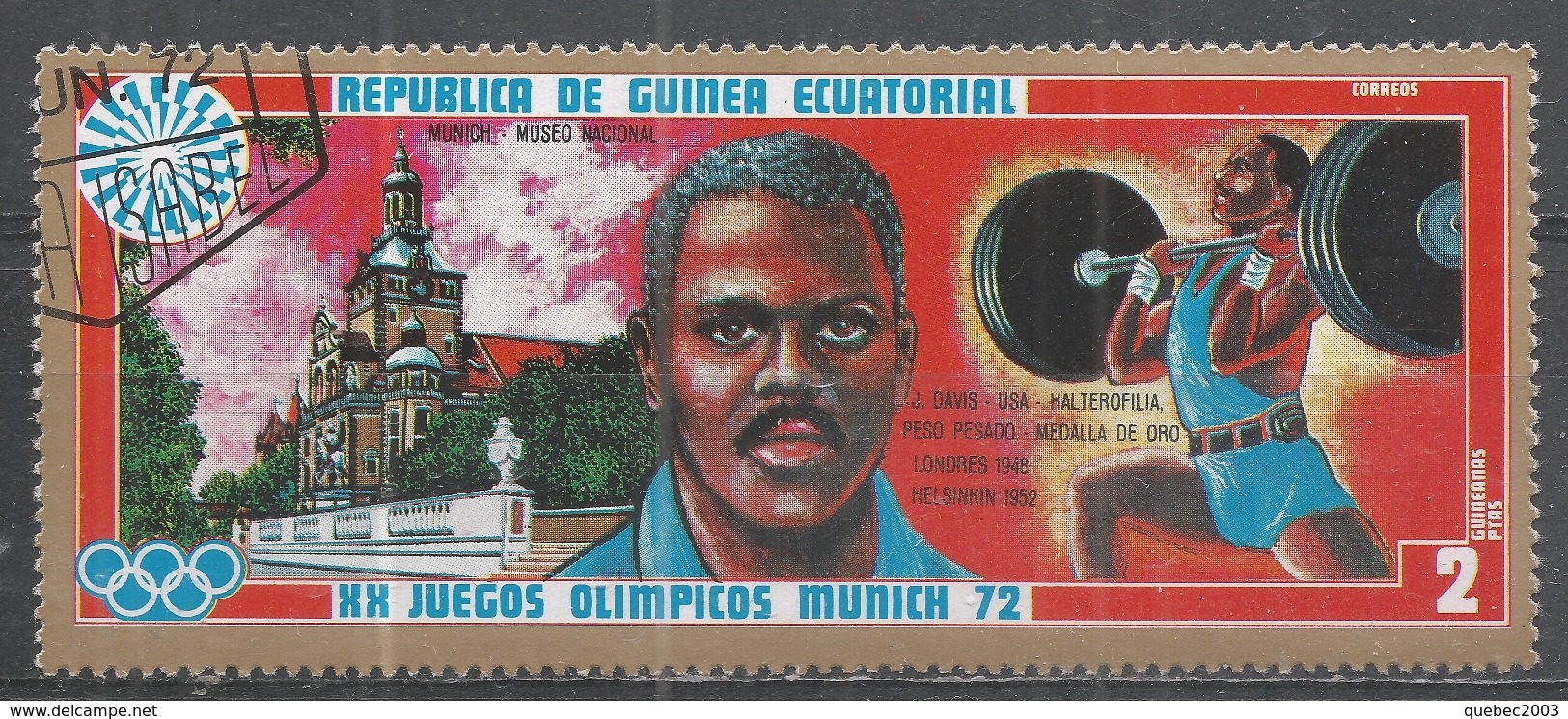 Equatorial Guinea 1972. Scott #7278 (U) Black Gold Medal Winner, Munich, J. Davis (USA), Weightlifting - Guinée Equatoriale