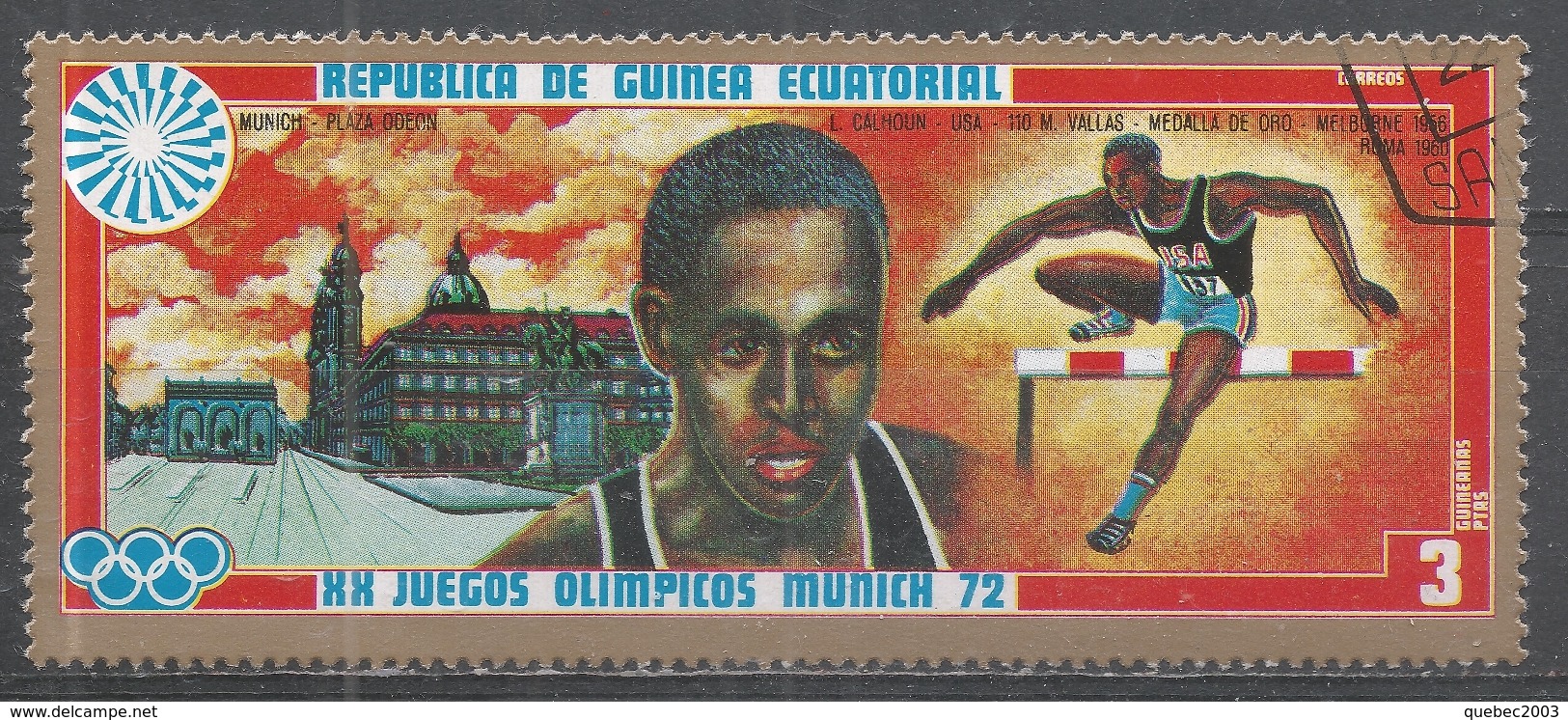 Equatorial Guinea 1972. Scott #7279 (U) Black Gold Medal Winner, L. Calhoun (USA), 100M Hurdles - Guinée Equatoriale