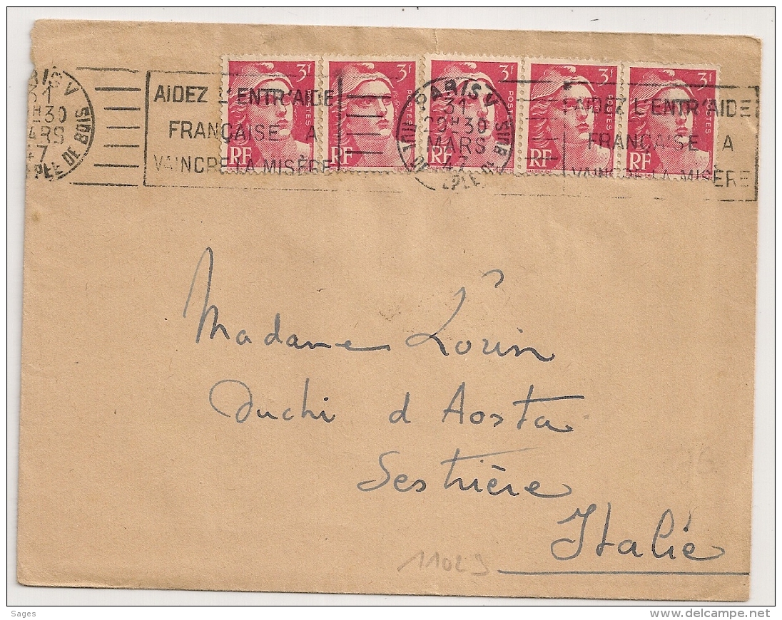 Destination ITALIE, TARIF 15F.5 GANDON 3F, PARIS V RUE DE L'EPEE DE BOIS Pour SESTRIERE. - 1921-1960: Modern Period