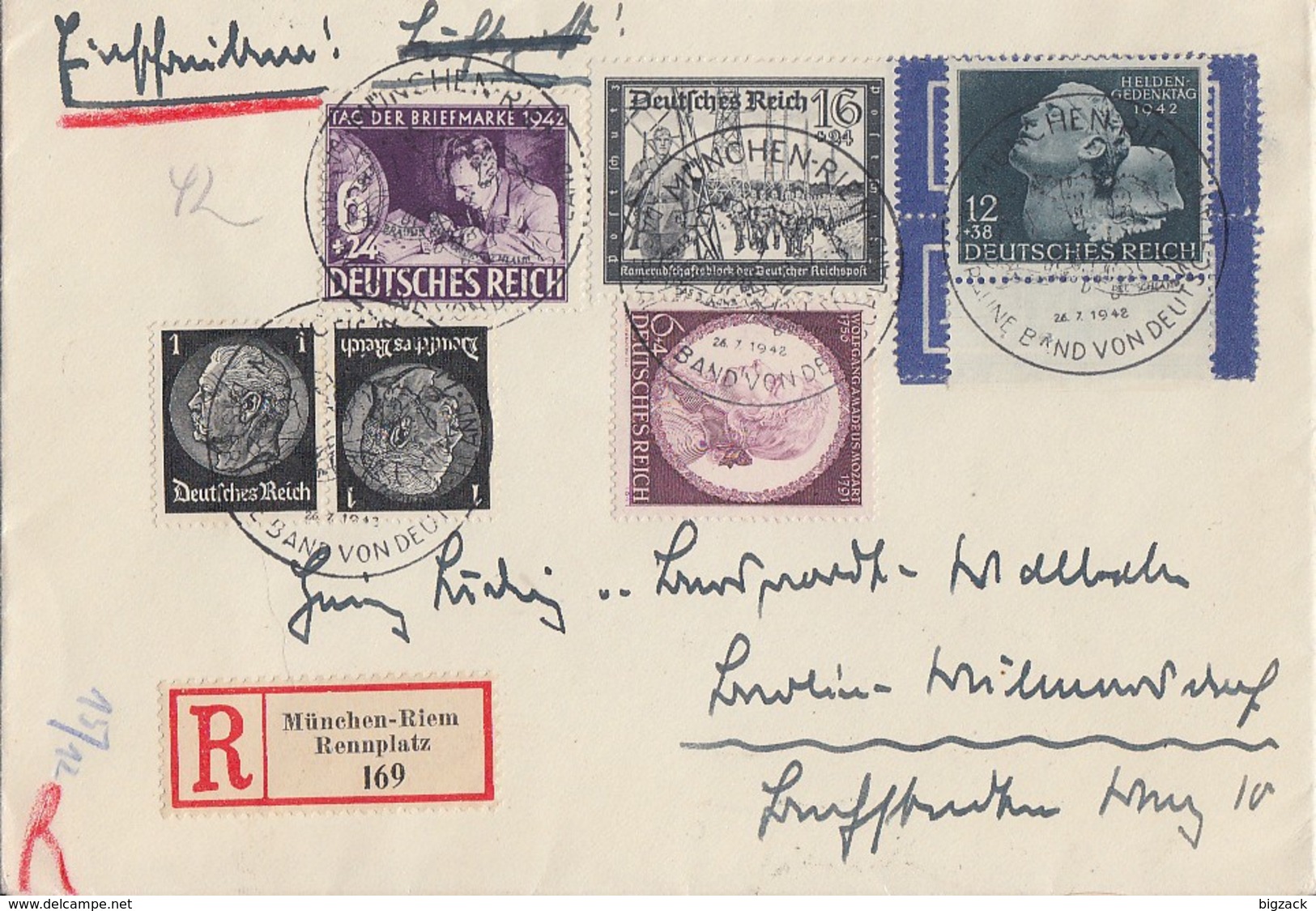 DR R-Brief Mif Minr.810,811.812,776,Zdr. Minr.K21 München-Riem Rennplatz 26.7.42 - Briefe U. Dokumente