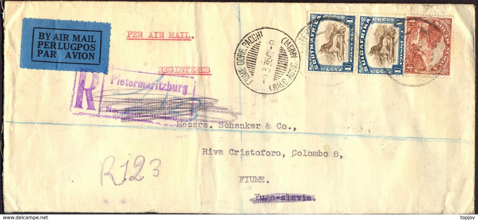 RSA - RECOM. AIRMAIL - PIETERMARITZBURG To FIUME Via ATHENA - Ambul. POSTUMISA TRIESTE 354 - 1936 - Poste Aérienne