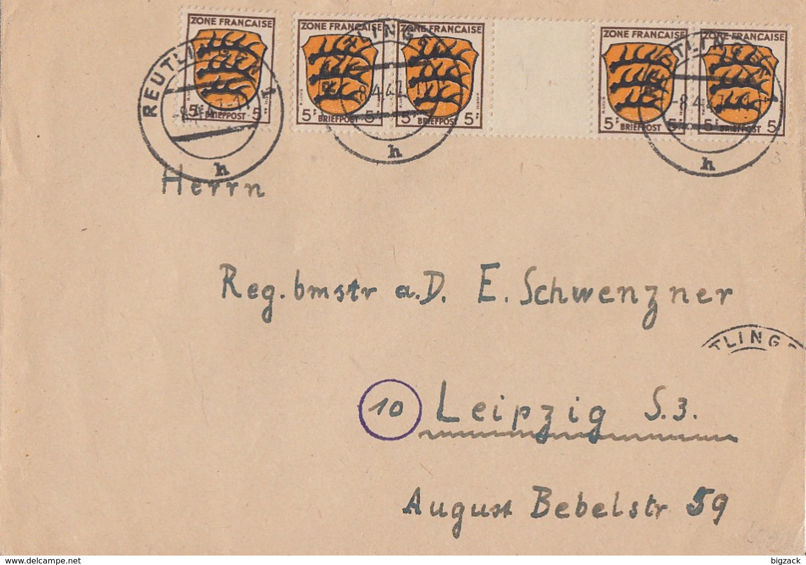 Fr. Zone Brief Mef Minr.5x 3 Mit Waagerechtem ZW Reutlingen 8.4.47 - Sonstige & Ohne Zuordnung