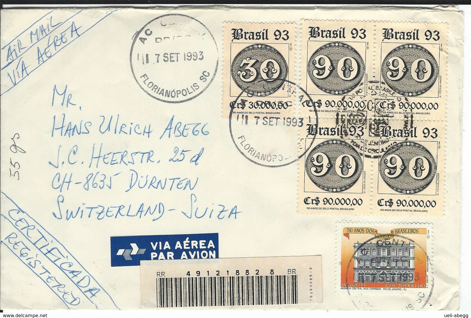 R-Brief Florianopolis 17.9.93 Nach Dürnten CH - Covers & Documents