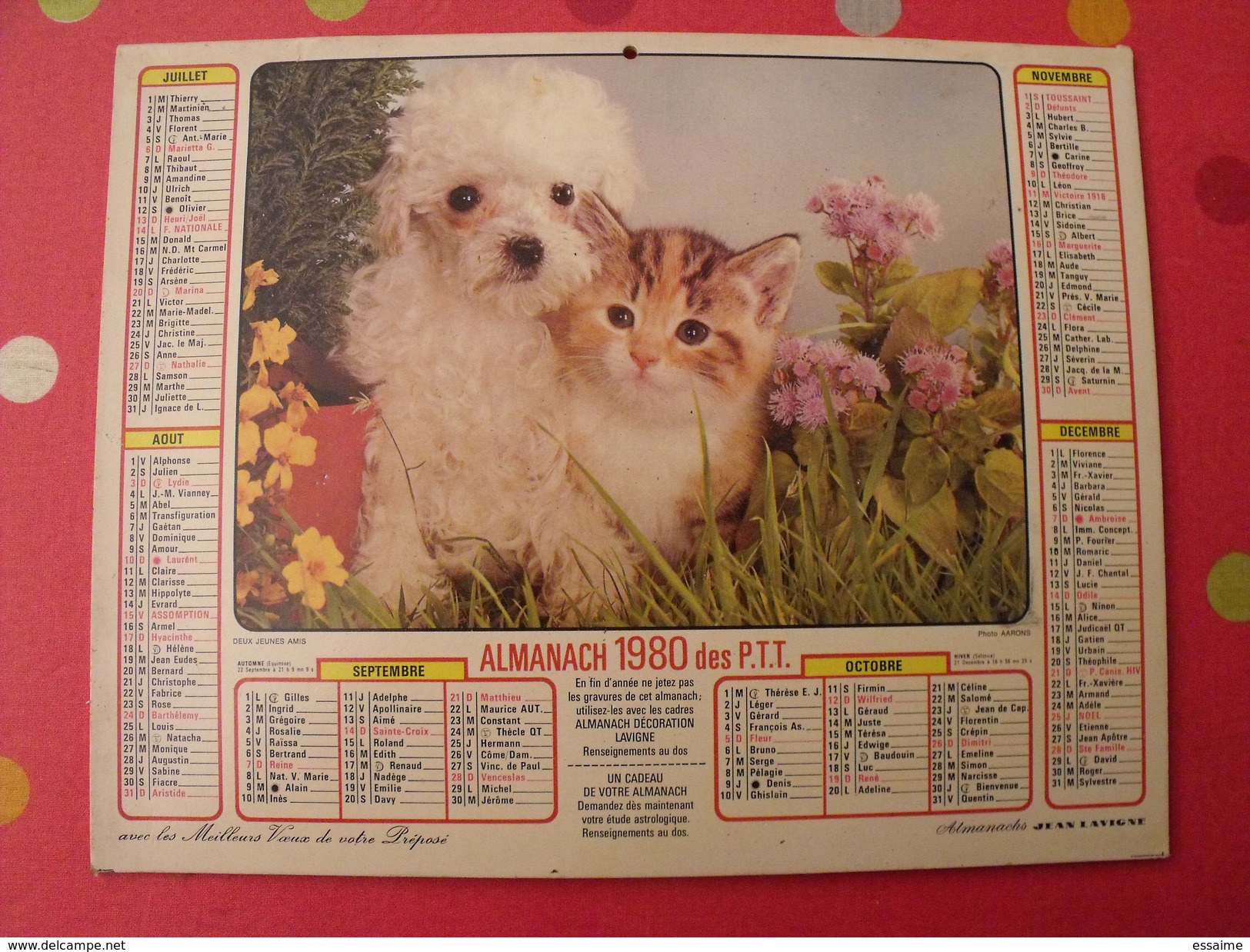 Calendrier Illustré En Carton De 1980. Almanach Des PTT Postes Facteur. Jean Lavigne. Chat Chien - Grand Format : 1971-80