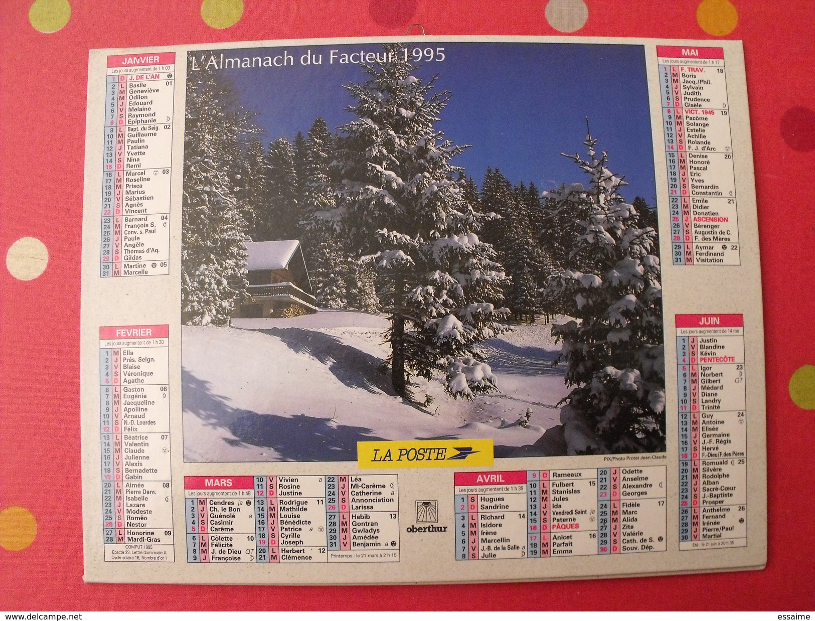 Calendrier Illustré En Carton De 1995. Almanach Des PTT Postes Facteur. Oberthur. Montagne - Tamaño Grande : 1991-00