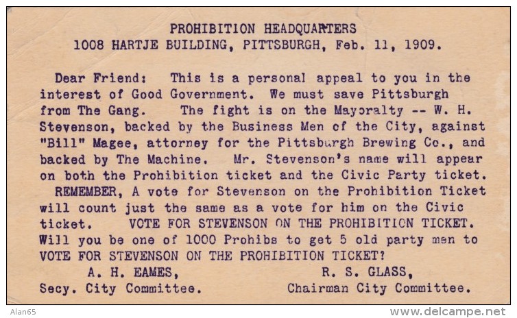 Prohibition Ticket Pittsburgh PA 1909 Mayoral Election, Stevenson For Mayor Political Message C1900s Vintage Postal Card - Political Parties & Elections