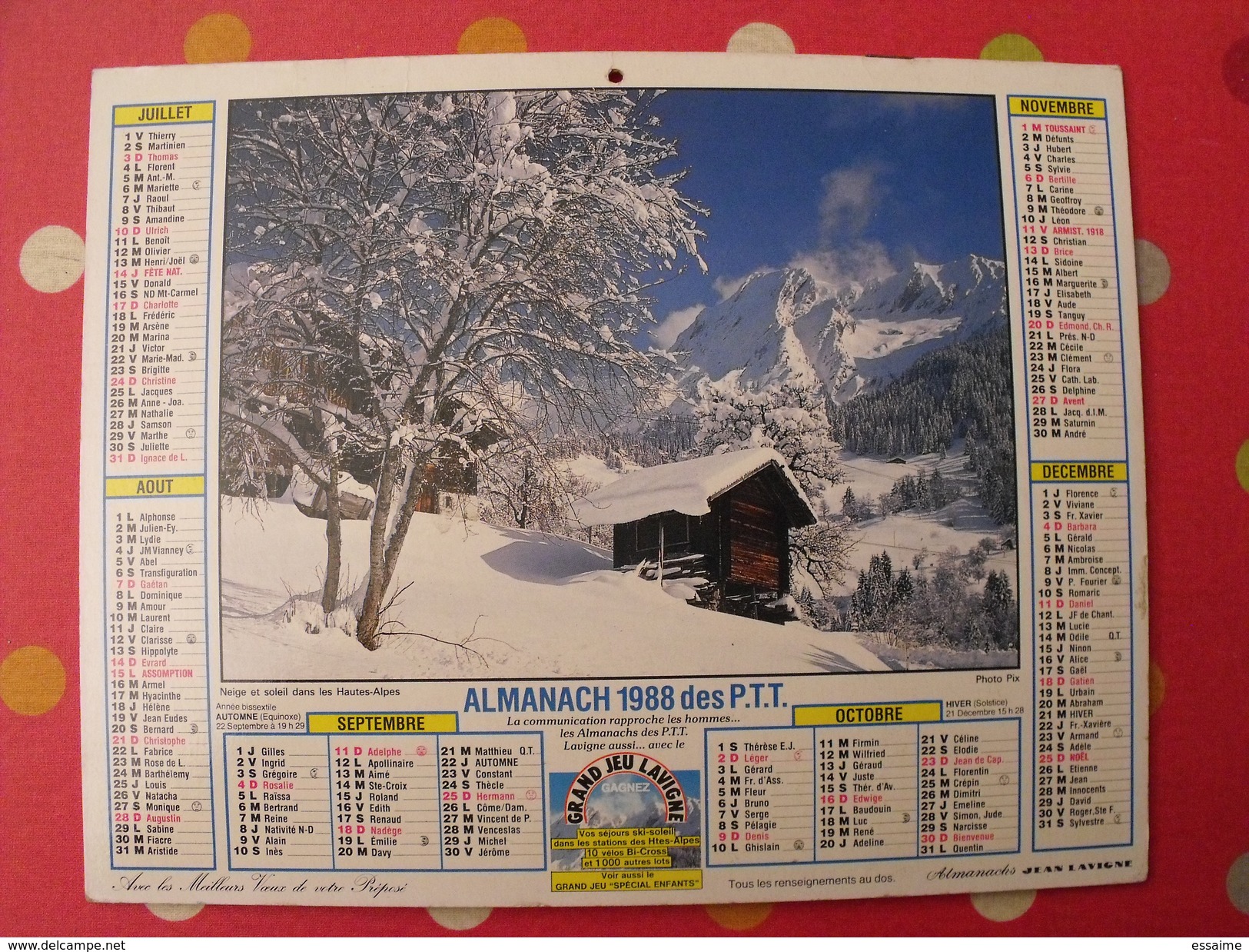 Calendrier Illustré En Carton De 1988. Almanach Des PTT Postes Facteur. Jean Lavigne. Montagne - Formato Grande : 1981-90