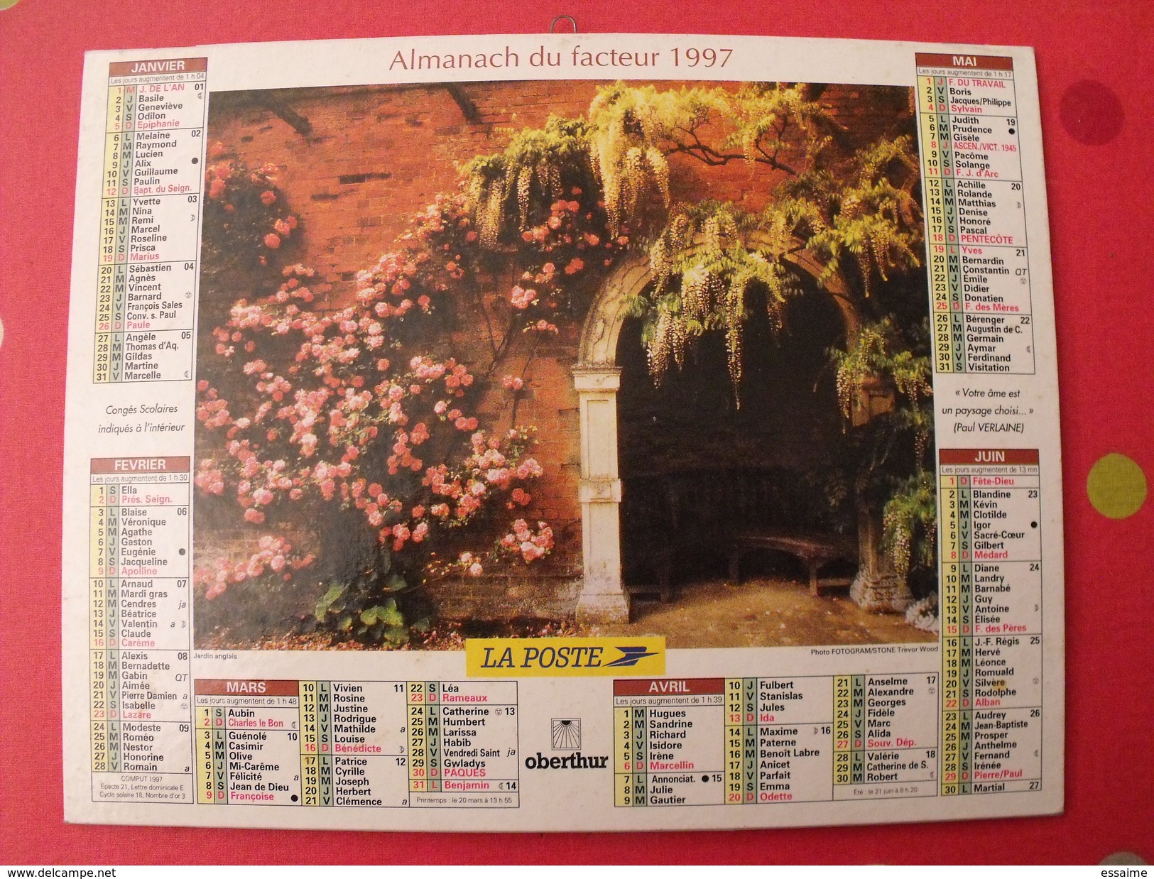 Calendrier Illustré En Carton De 1997. Almanach Des PTT Postes Facteur. Obetrhur. Jardin Bois - Grand Format : 1991-00