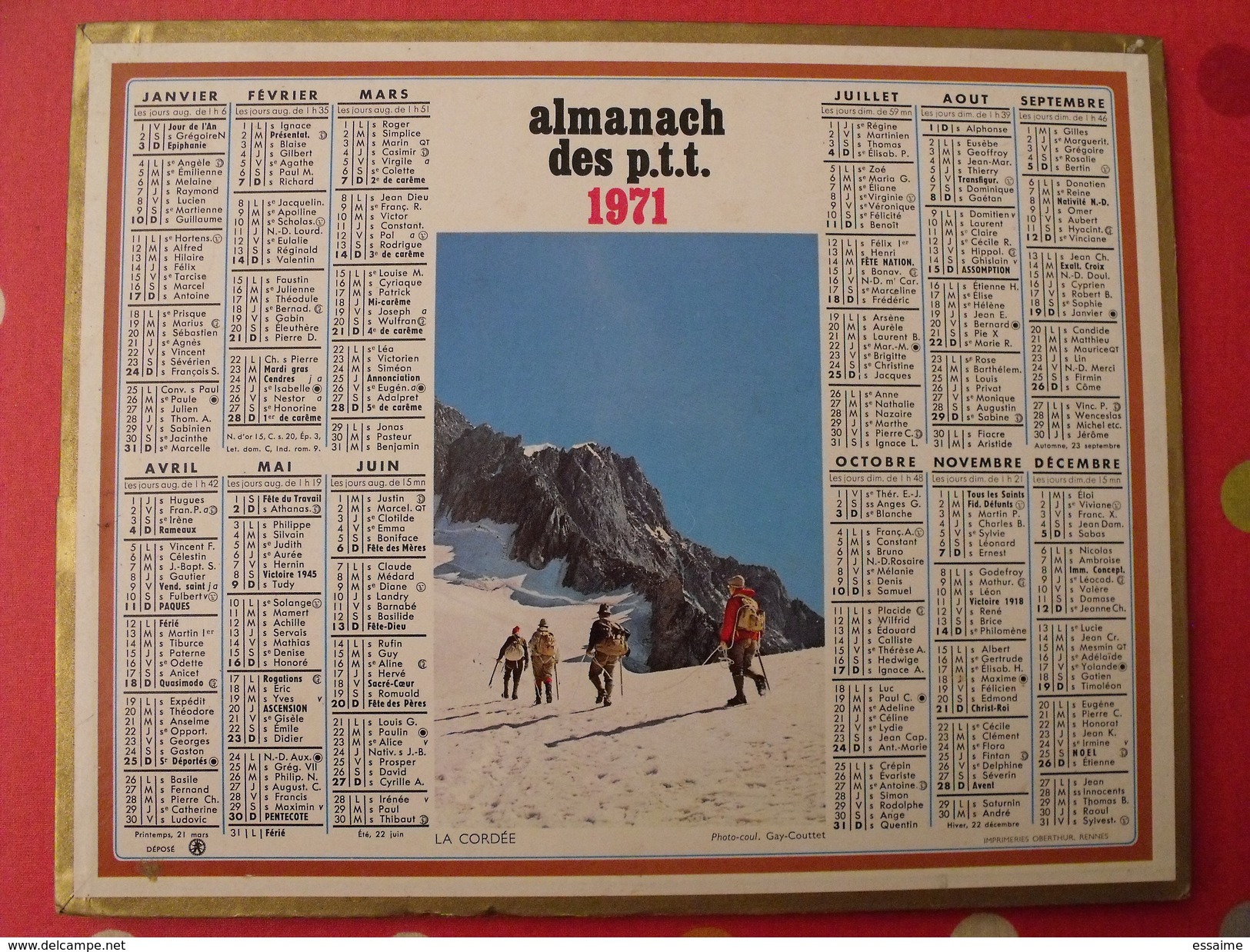 Calendrier Illustré En Carton De 1971. Almanach Des PTT Postes Facteur. Montagne La Cordée - Big : 1971-80